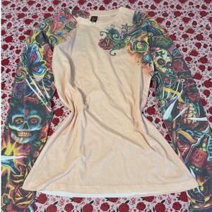Hot Leathers Womens L y2k Tattoo Sleeve Graphic Top Peach Sugar Skull Rose c3